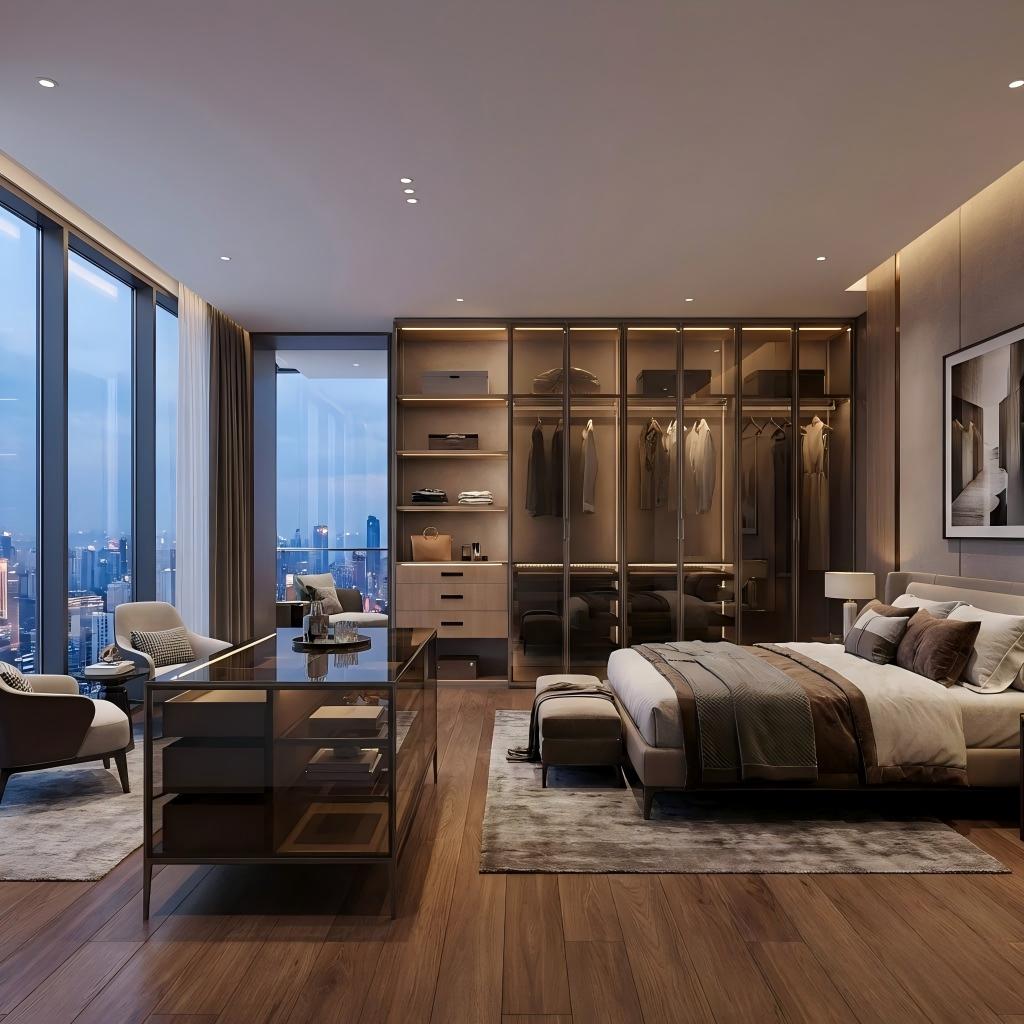Illuminated master bedroom glass wardrobe wall and dressing island at night