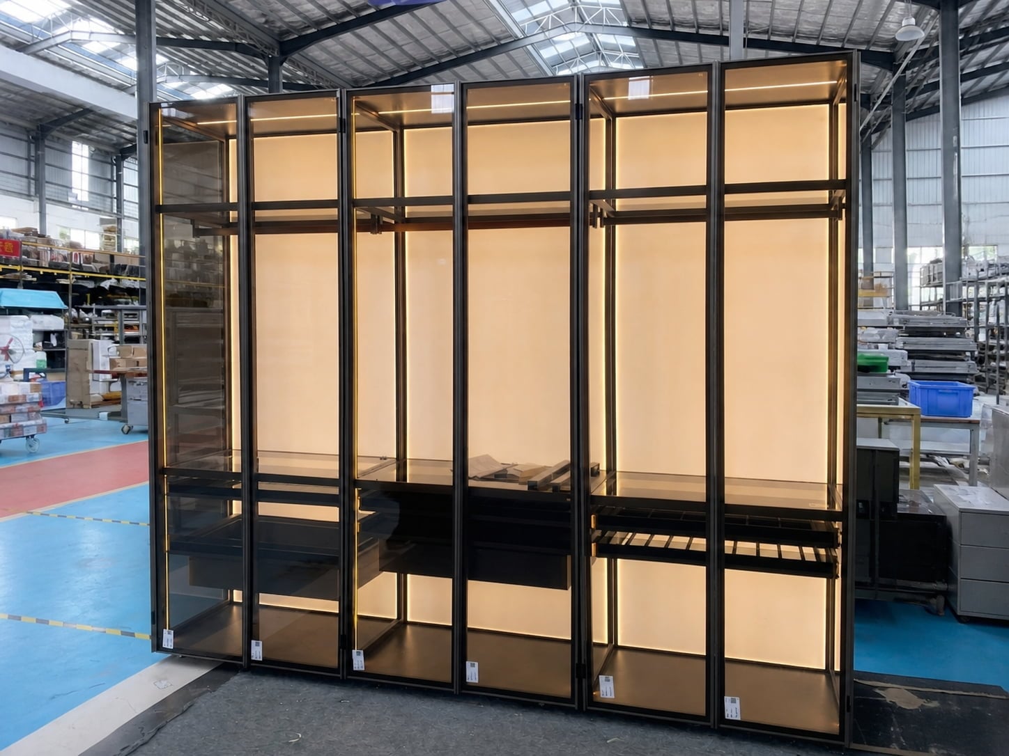 Wardrobe trial assembly and integrated lighting test in a furniture factory
