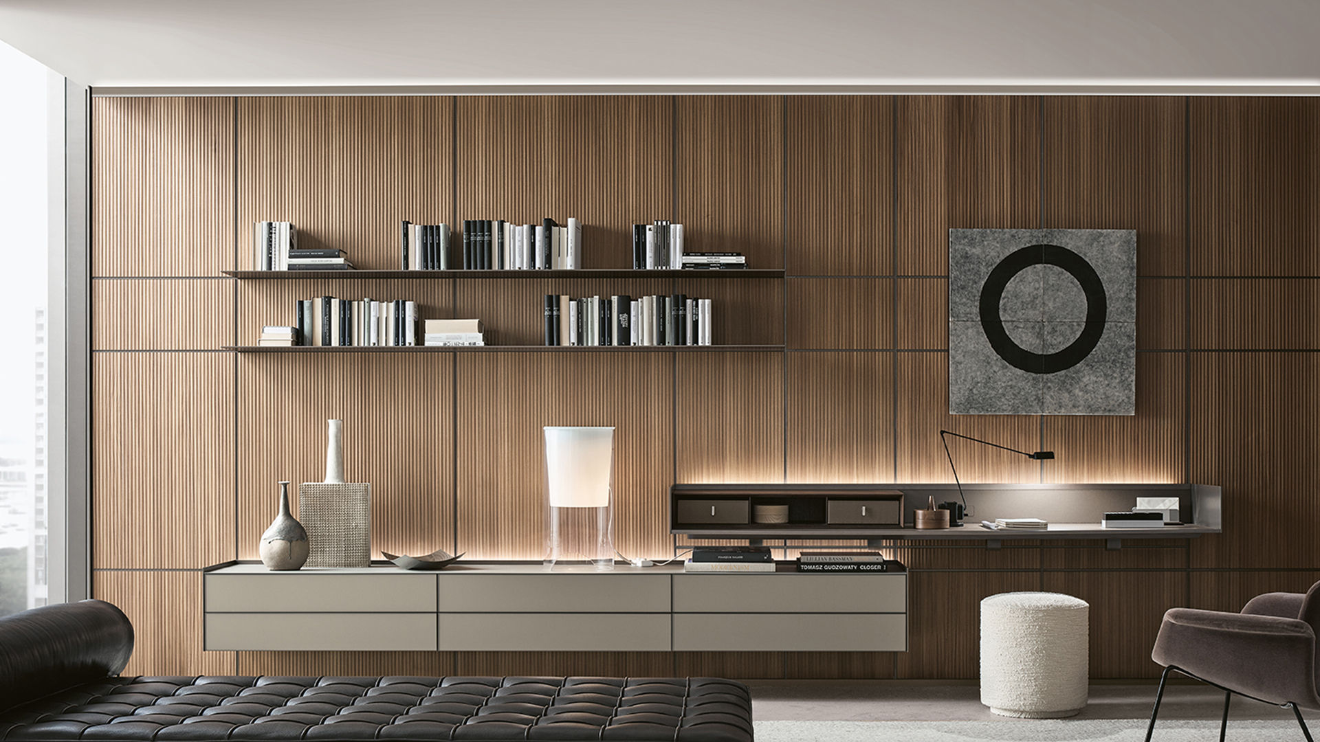 Floating aluminum shelves integrated into a wood slat wall and home office composition