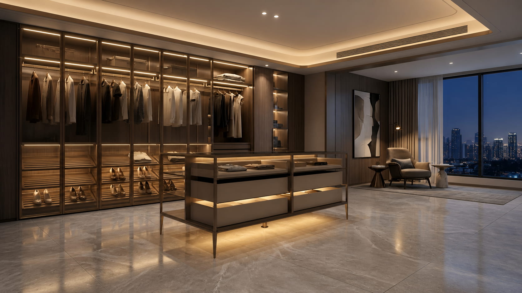 Walk-in wardrobe with a central dressing island, glass doors and integrated lighting
