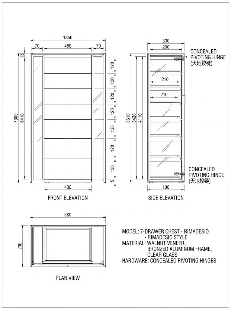 Reference CAD drawing for a seven-drawer aluminum-framed glass display cabinet