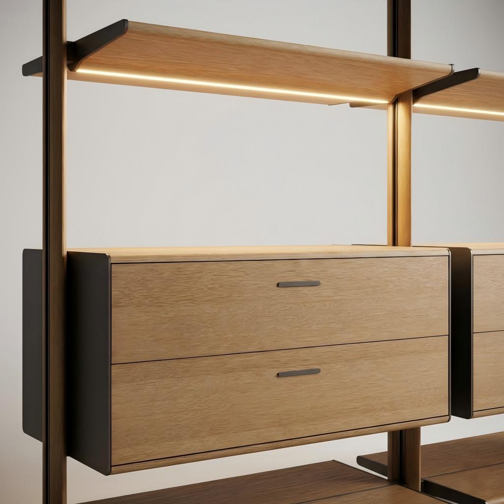 Detail of concealed warm LED lighting beneath a custom aluminum shelf