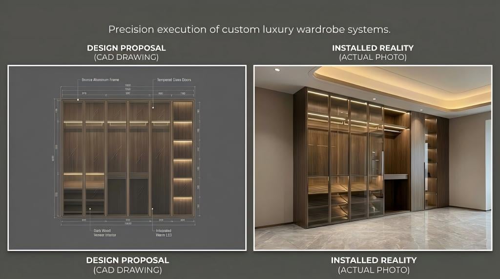 Design proposal and finished-space presentation for a custom glass walk-in closet