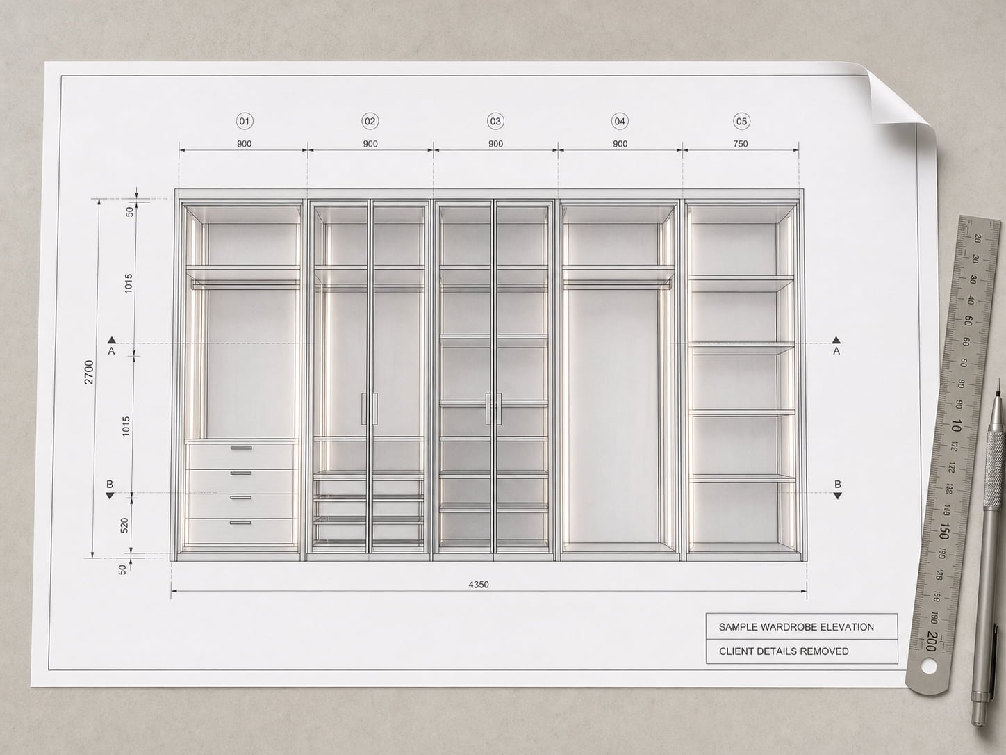 Anonymized sample wardrobe elevation drawing with dimensions and modular storage divisions