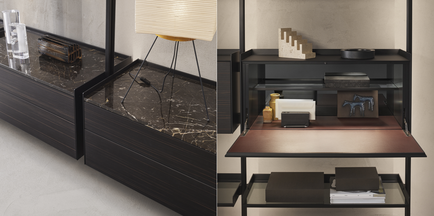 Stone top cabinet and concealed secretary work module integrated into modular shelving
