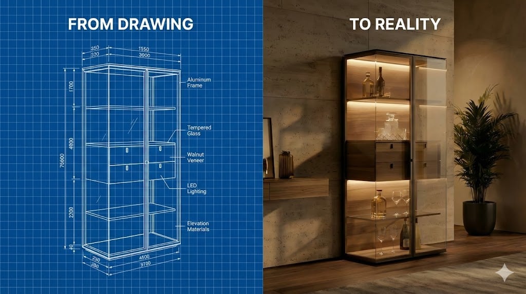 Concept drawing and finished view of a custom aluminum-framed glass display cabinet