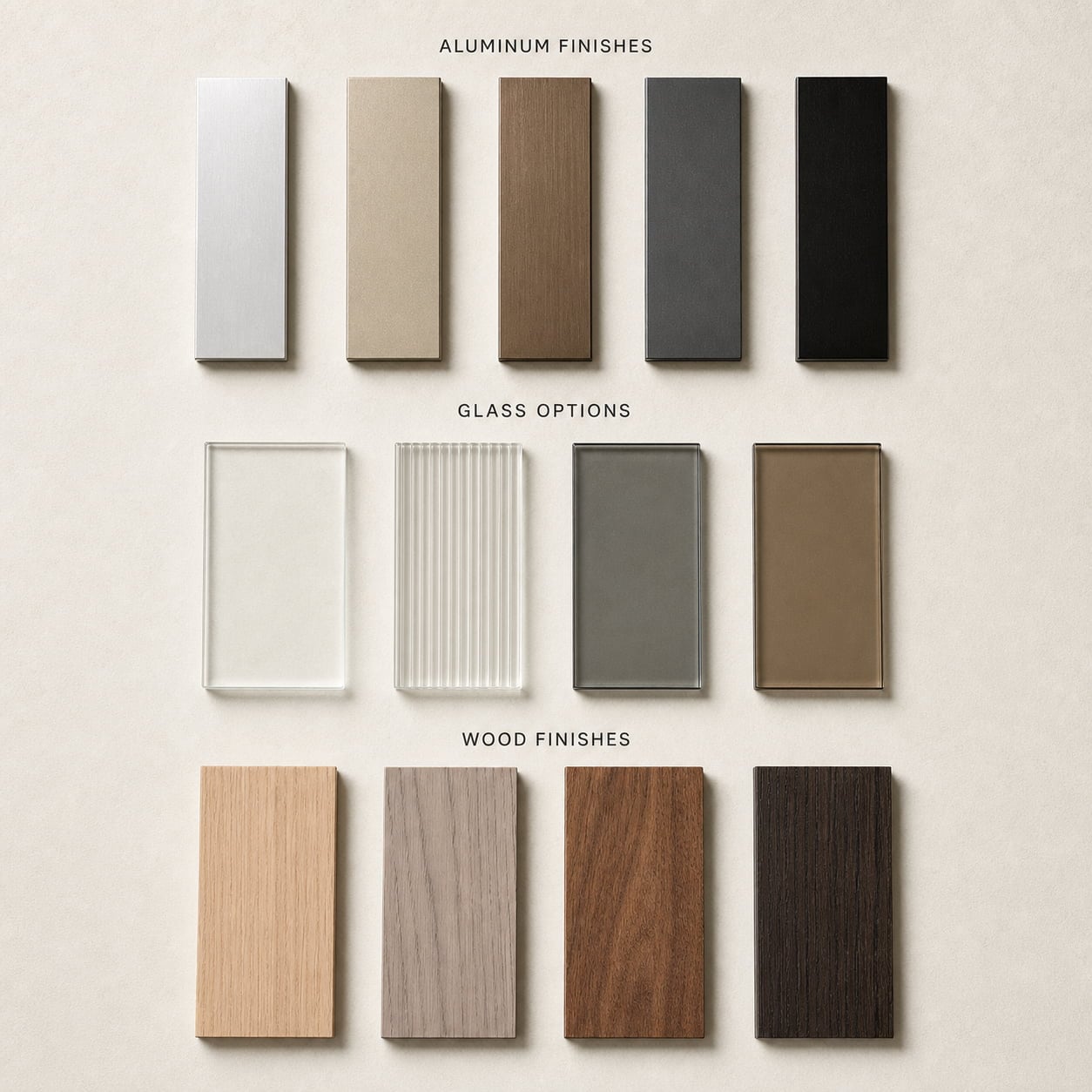 Real aluminum finish, glass and wood sample board for a custom modular wardrobe system
