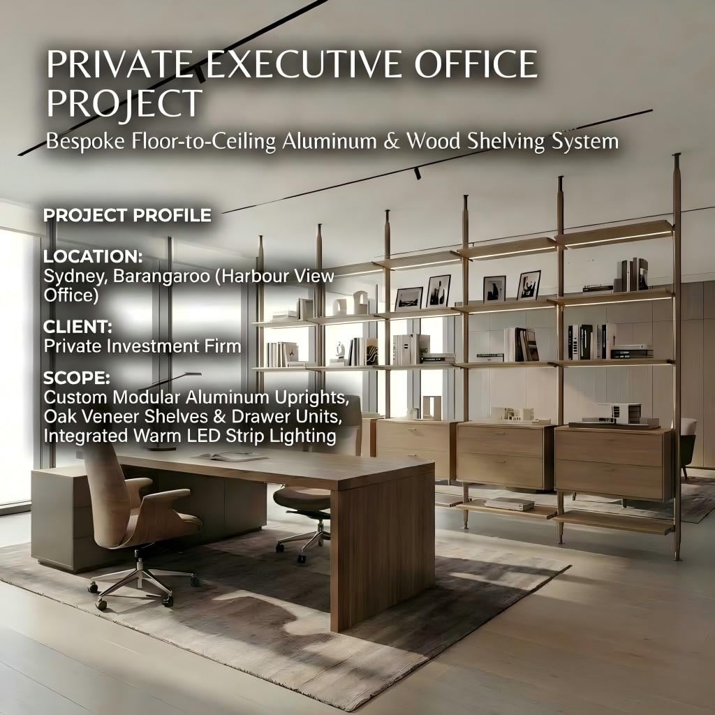 Floor-to-Ceiling Modular Aluminum Shelving for a Luxury Office