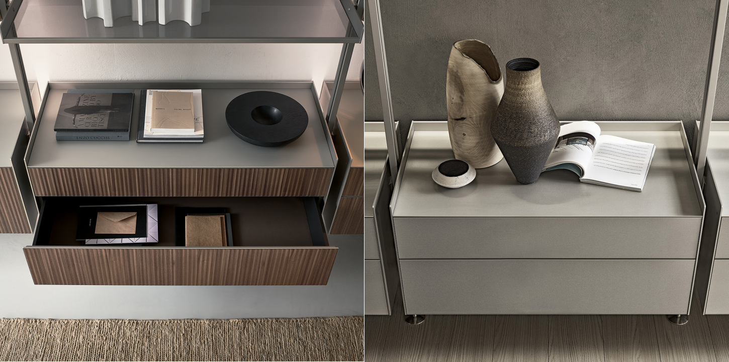 Suspended drawer units and internal storage details for modular bookshelf