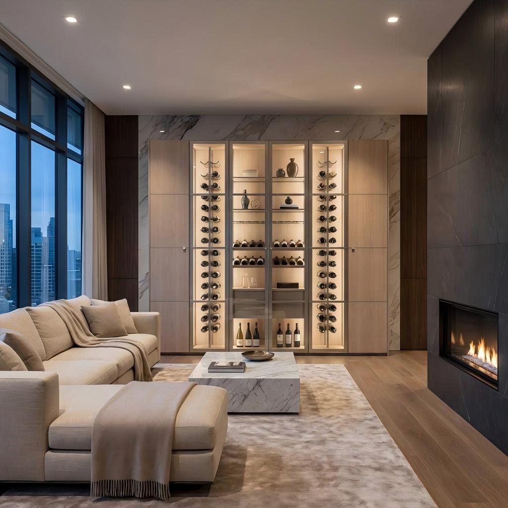 Floor-to-ceiling glass wine display cabinet illuminated by integrated warm LED lighting