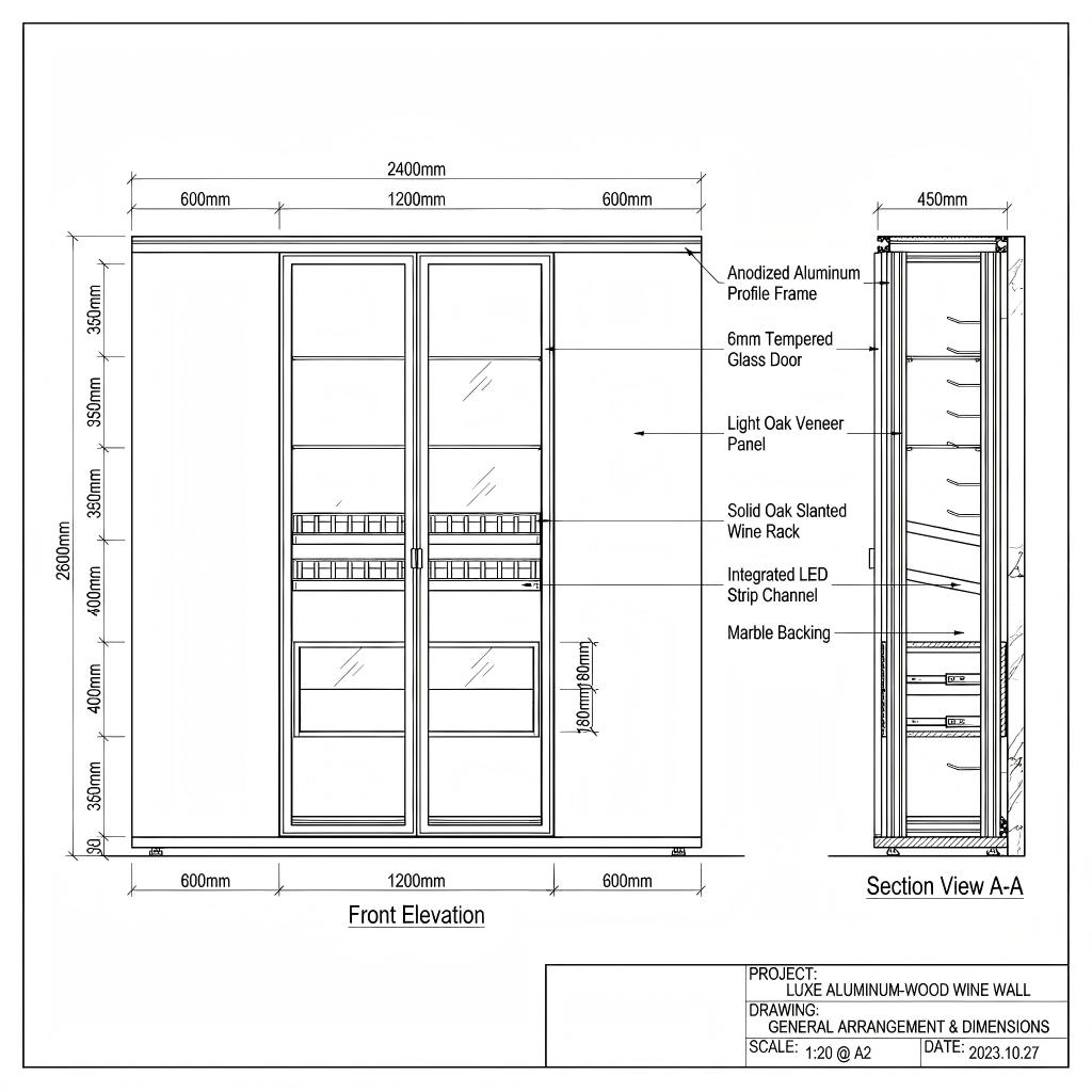 Reference CAD elevation for a custom floor-to-ceiling aluminum and oak wine cabinet