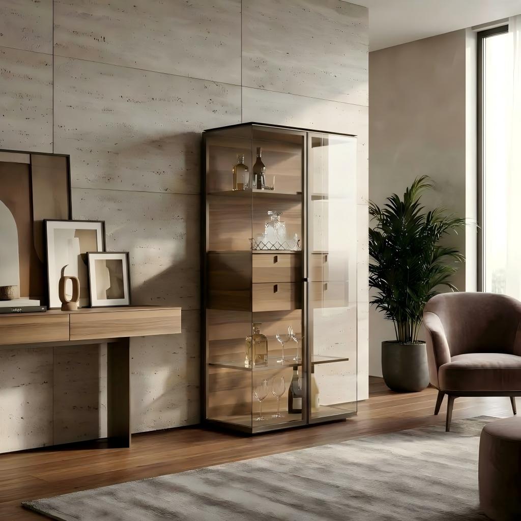 Freestanding aluminum-framed glass display cabinet with walnut drawers in natural daylight