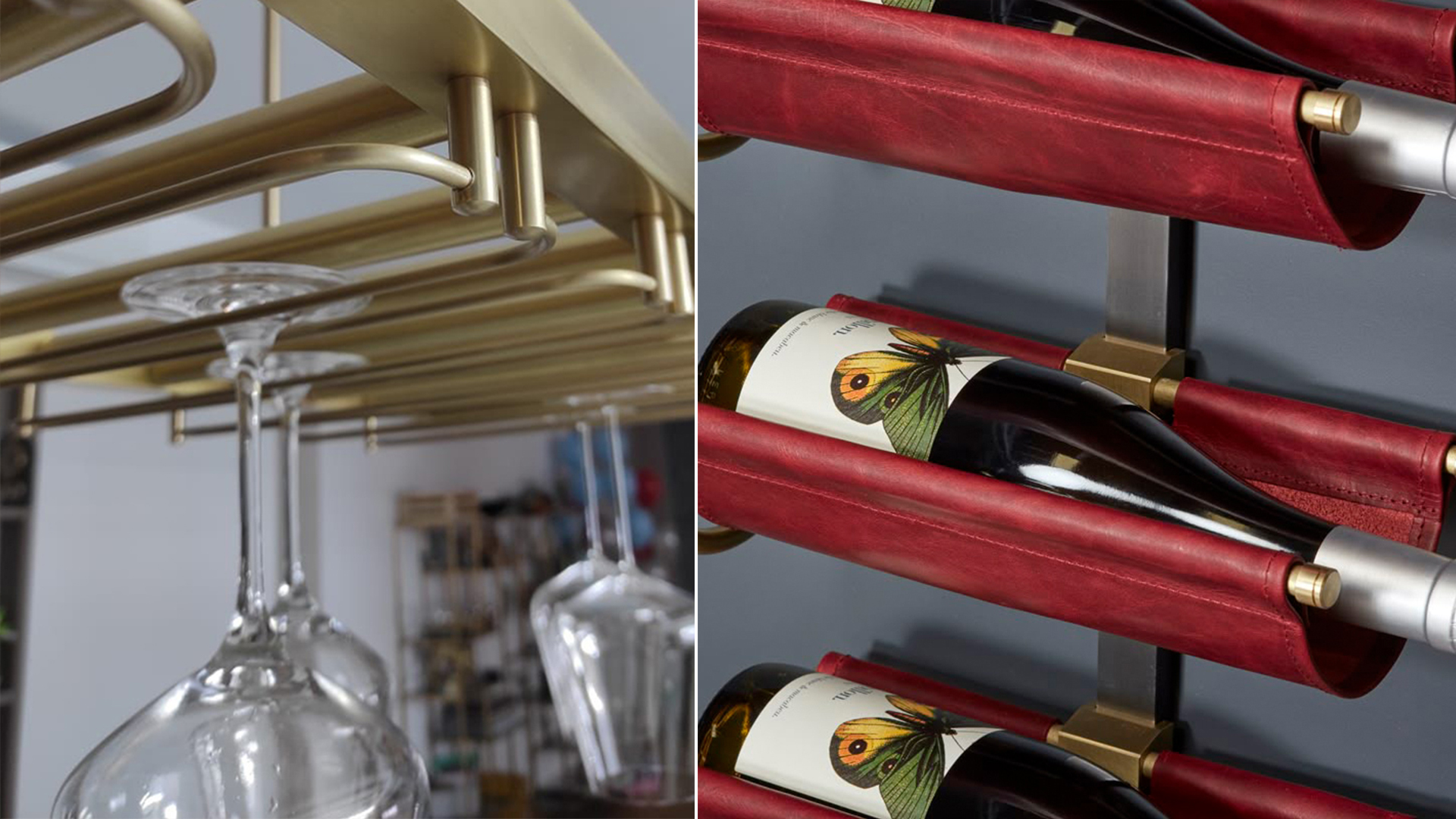Stemware hanging rack and leather covered horizontal wine bottle cradles