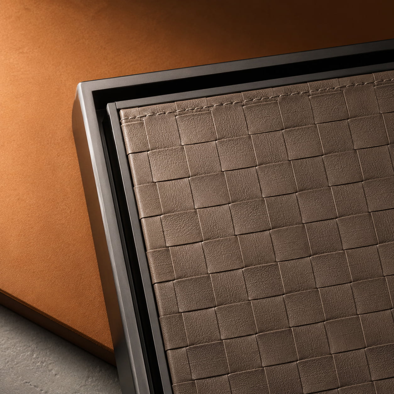 Woven leather wardrobe door surface and aluminum frame detail