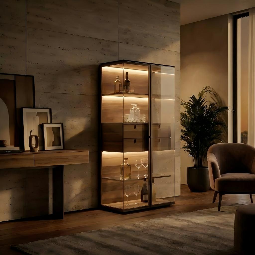 Freestanding glass display cabinet illuminated by integrated warm LED lighting at night