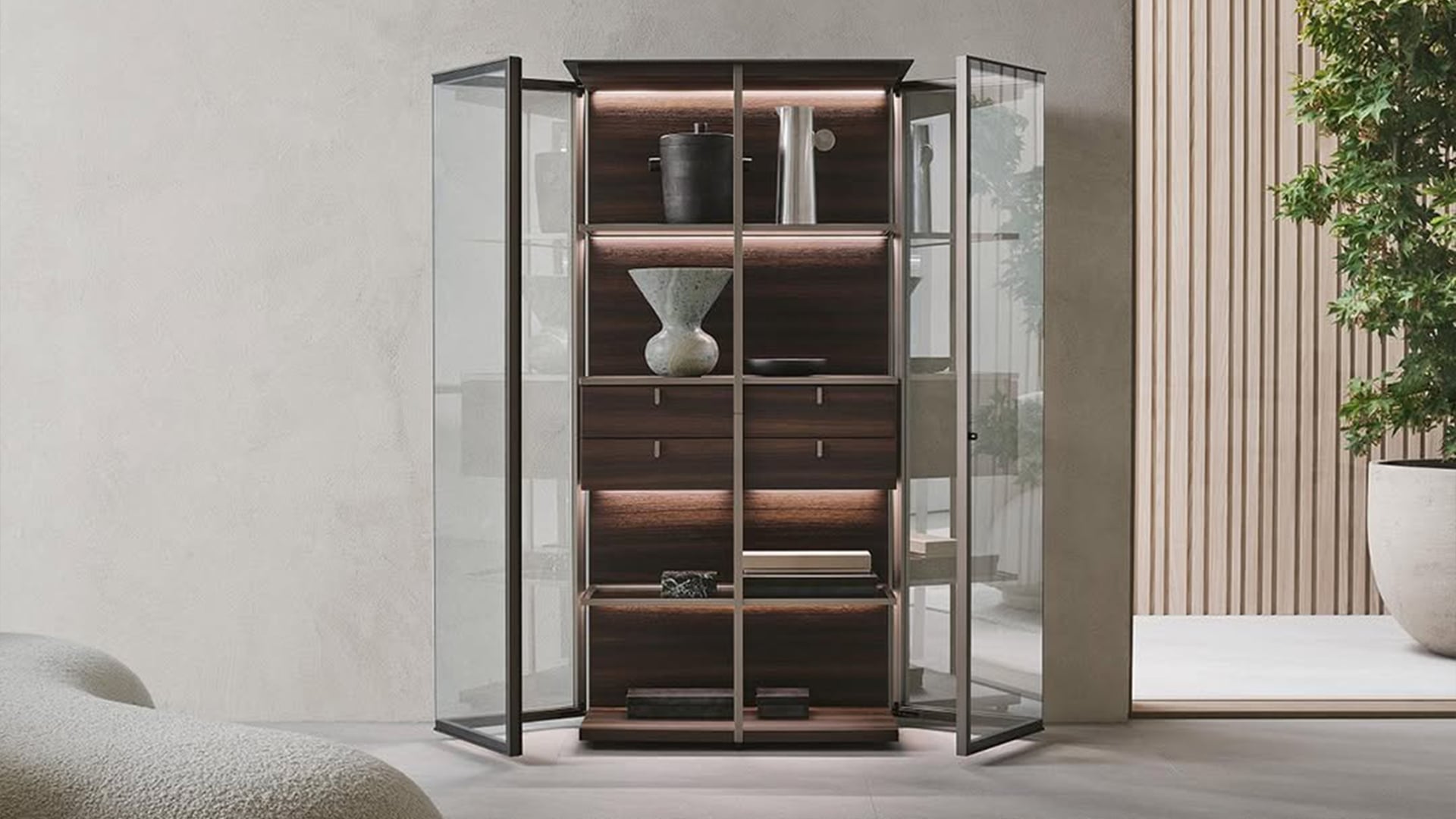 Aircraft aluminum and glass display cabinet with wide opening doors and LED lighting