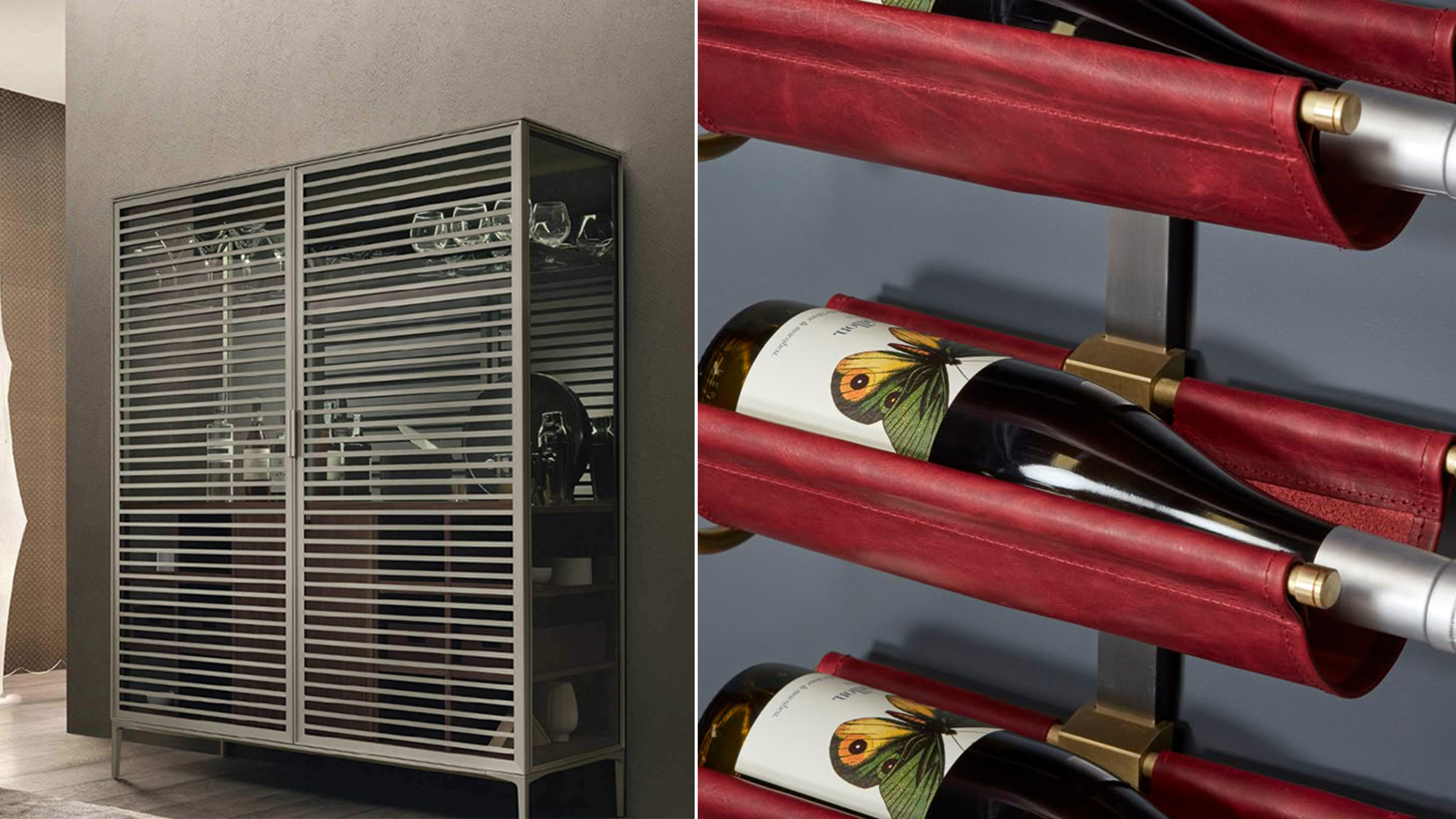 Vertical wine bottle display system and leather bottle cradle details