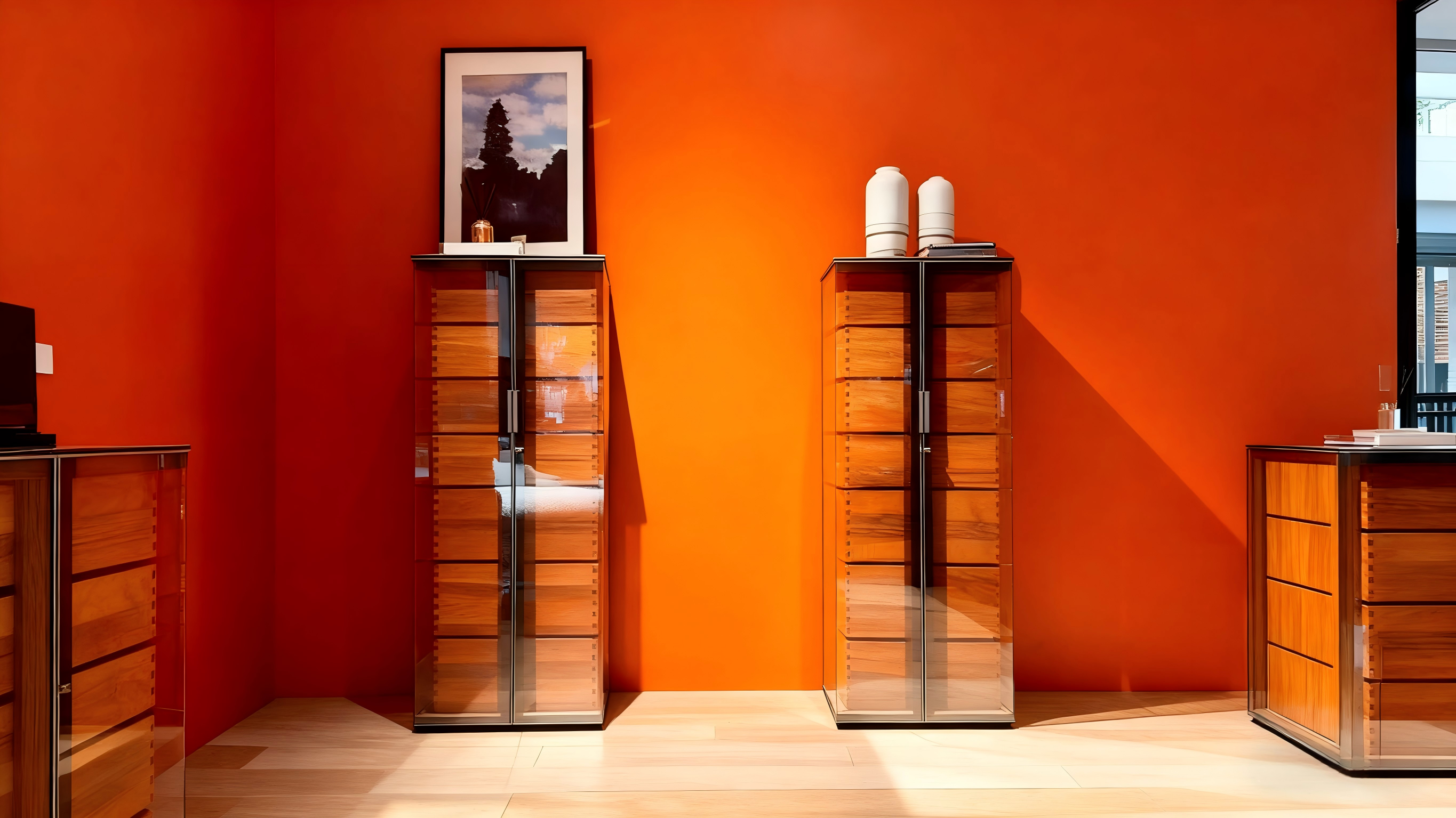 Seven drawer Aircraft glass cabinet displayed in a bright orange showroom interior