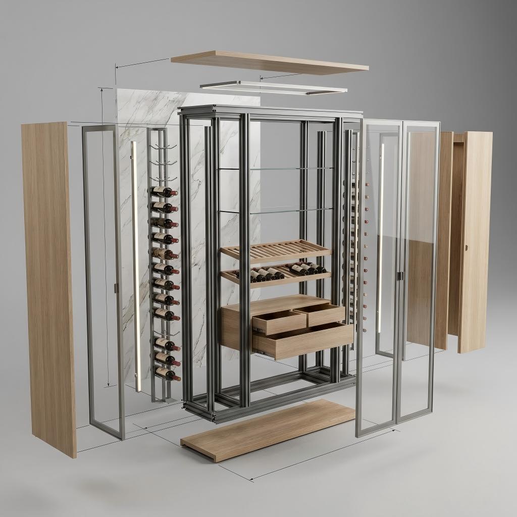 Exploded view of a custom aluminum glass and oak wine cabinet system