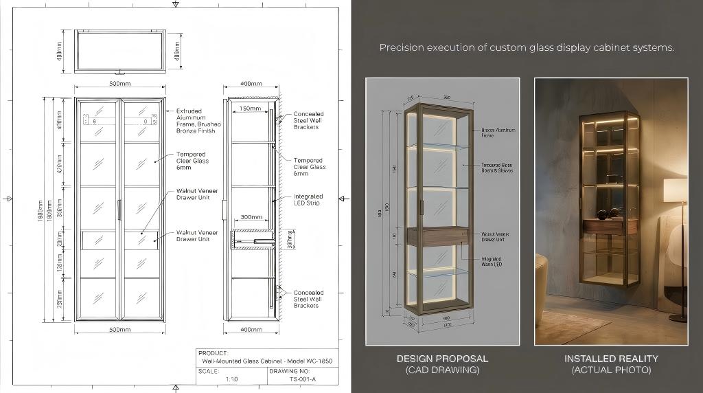 Custom wall-mounted wine display project developed from drawing to finished interior concept