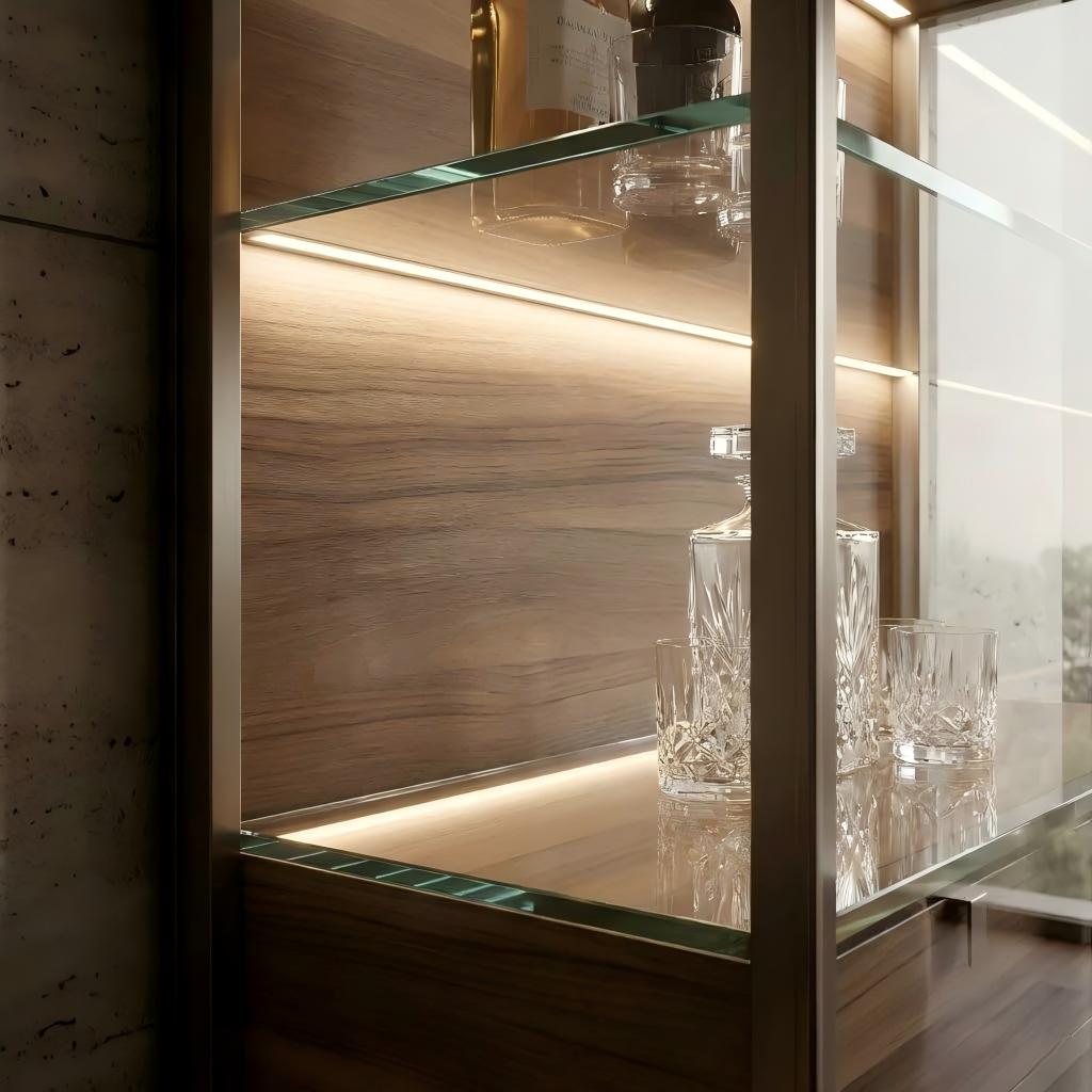 Close-up of glass shelves walnut-finish back panel and concealed LED lighting in a display cabinet
