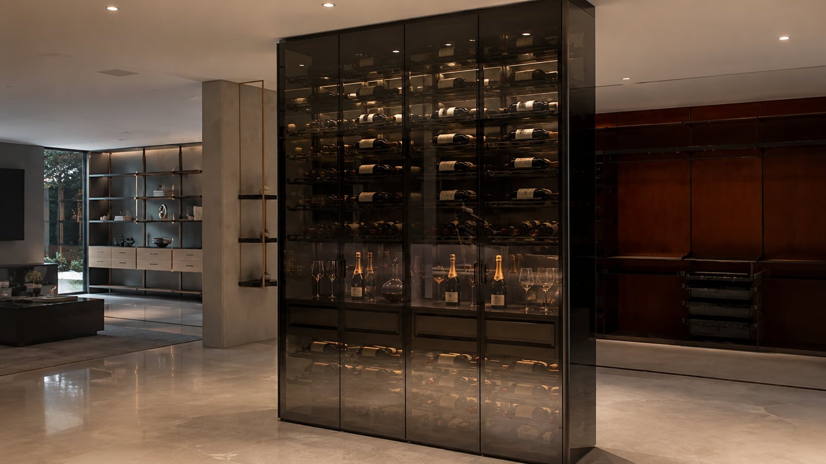 Closed smoked glass wine cabinet integrated into a luxury open-plan interior