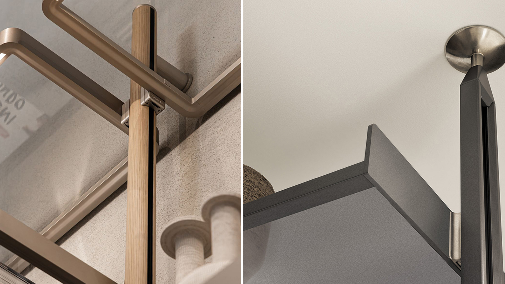 Close-up of aluminum bookshelf upright shelf bracket and ceiling fixing details