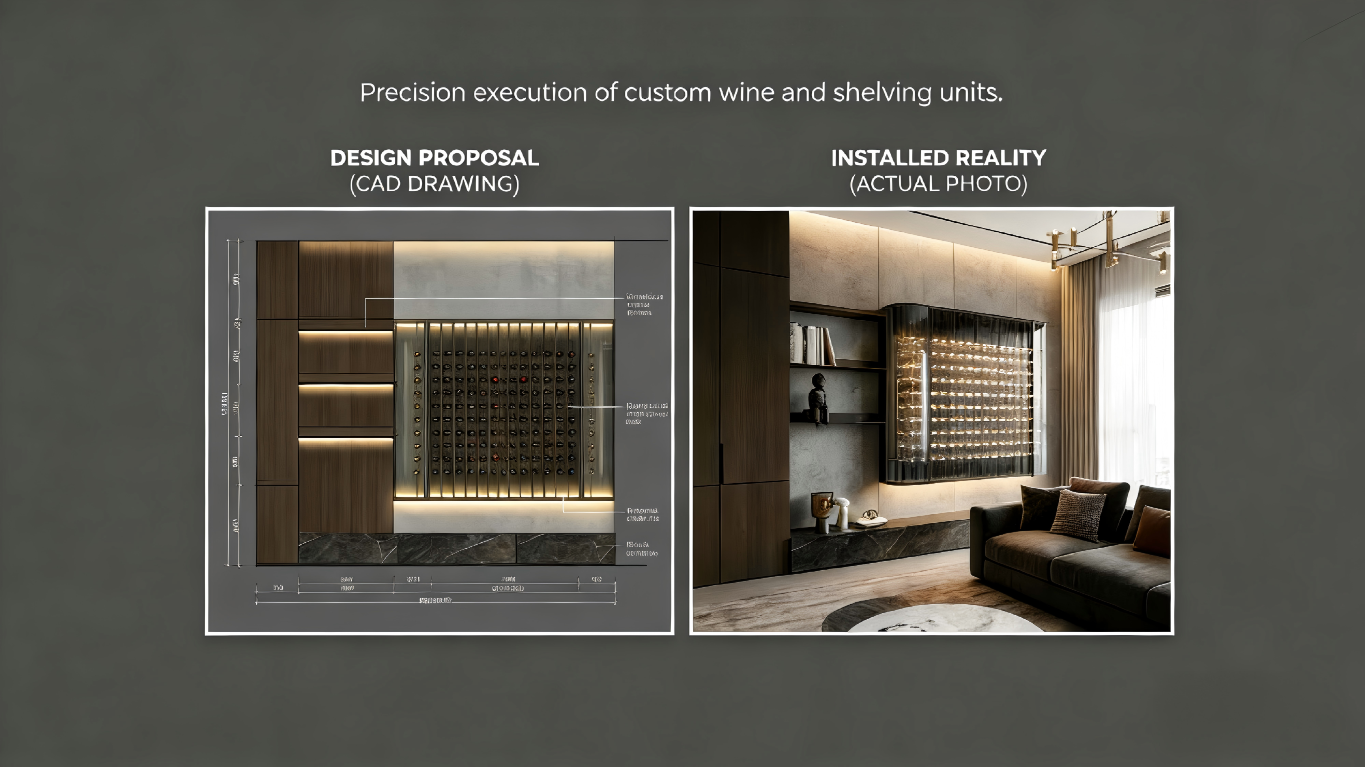 Design proposal and finished-space presentation for a wall-mounted acrylic wine display