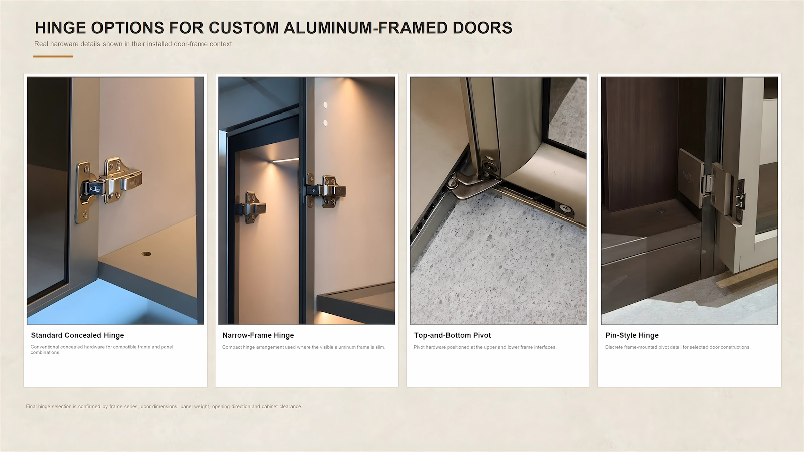 Standard concealed narrow-frame top-and-bottom pivot and pin-style hinge options for aluminum framed doors