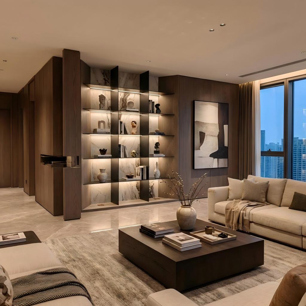 Custom aluminum display shelves illuminated by concealed warm LED lighting at night