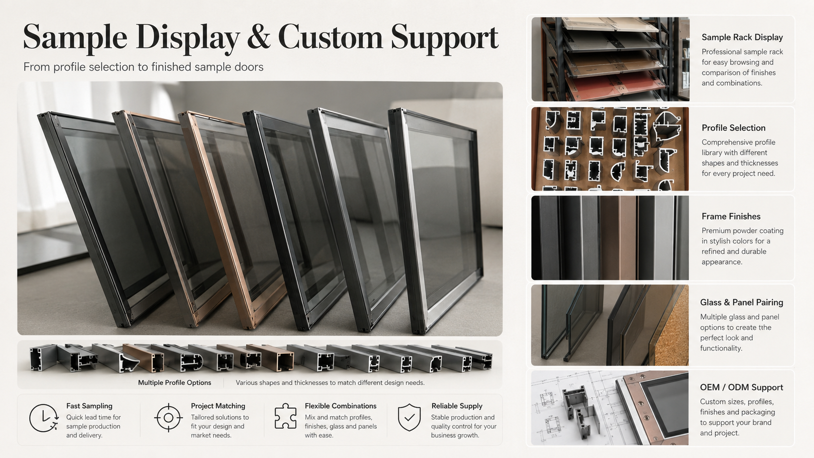 Sample display and custom support for aluminum framed cabinet doors