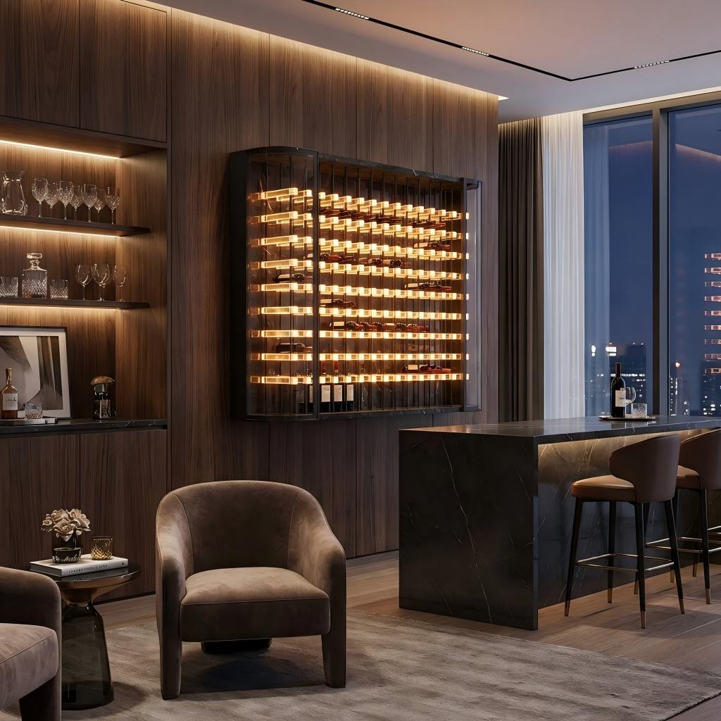 Wall-mounted acrylic wine display illuminated by integrated warm LED lighting at night