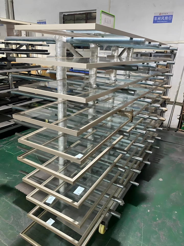 Batch of finished champagne-color aluminum-framed glass doors on a workshop handling rack