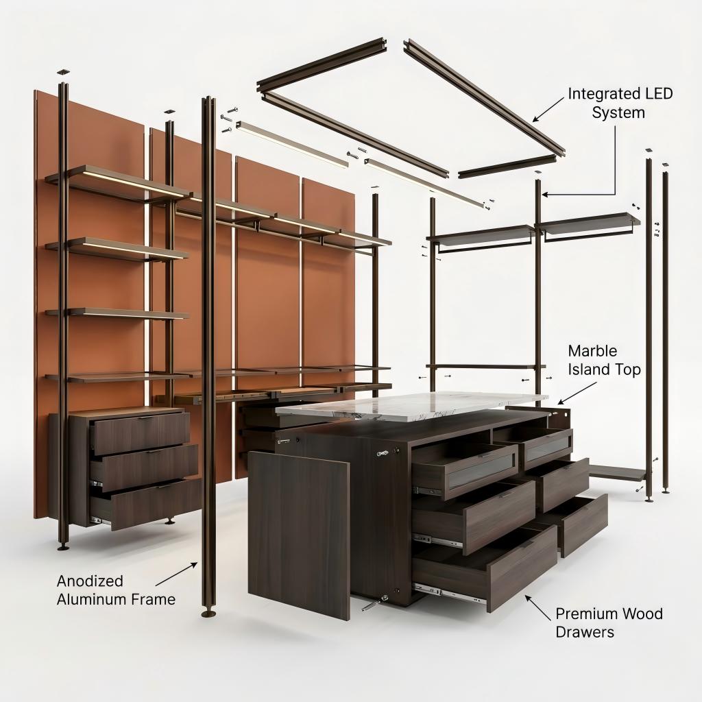 Exploded view of a modular aluminum walk-in closet with shelves drawers lighting and center island