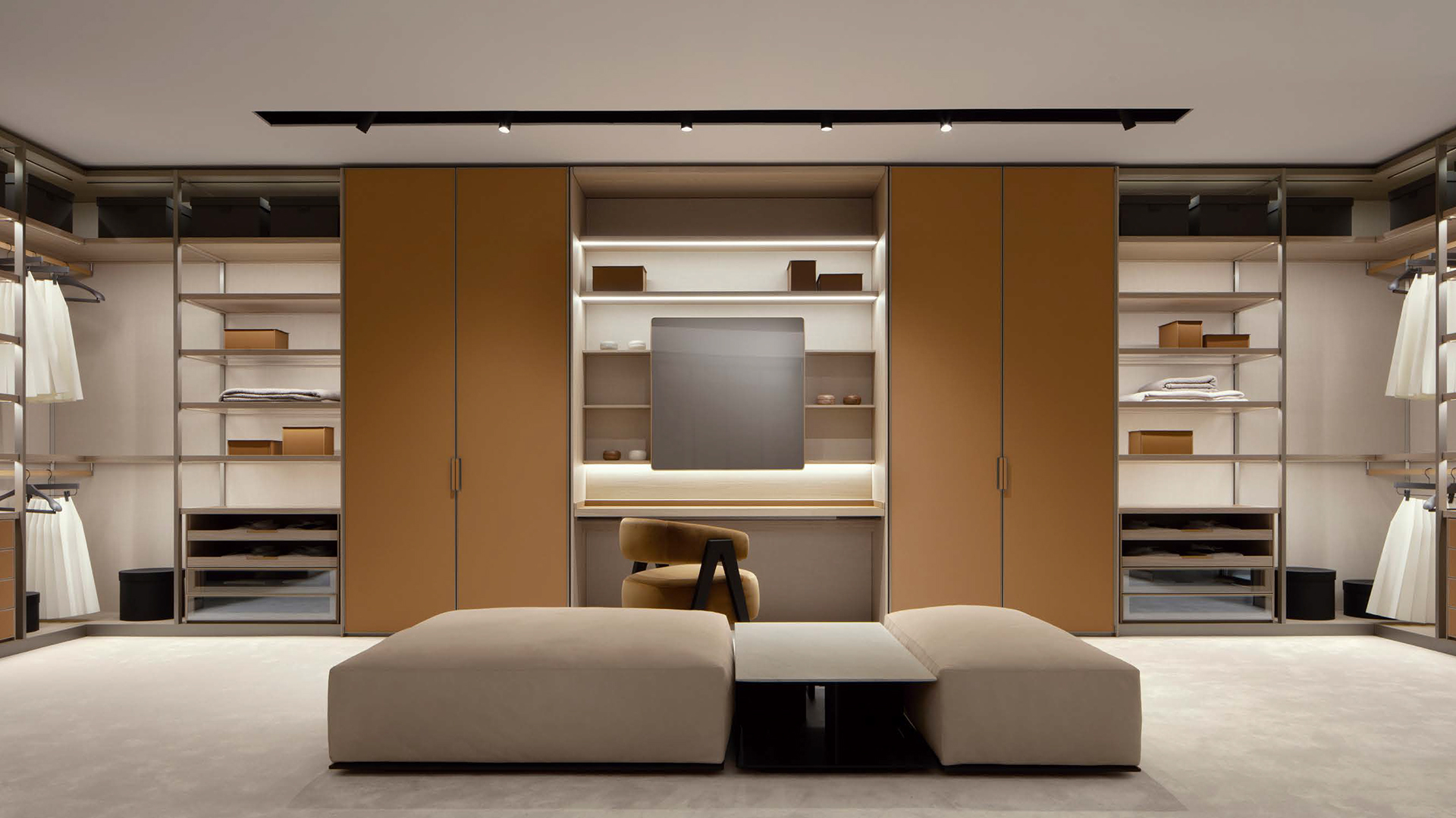 Walk-in closet combining open modules, closed cabinets and dressing area