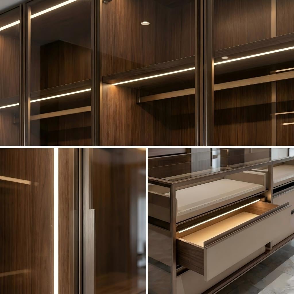 Integrated LED lighting in glass wardrobe shelves door frames and wardrobe island drawers