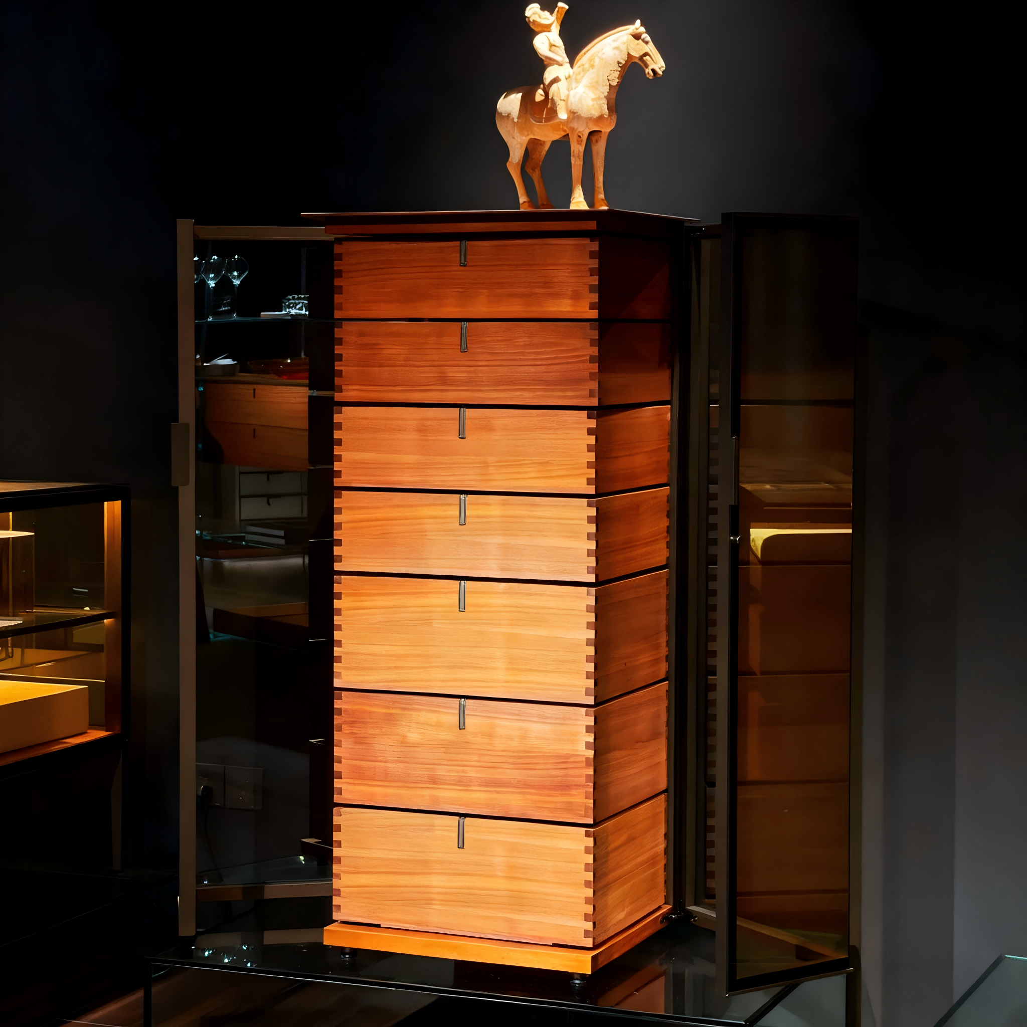 Seven Drawer Aircraft Metal Aluminum High-End Glass Display Cabinet  With Led Light