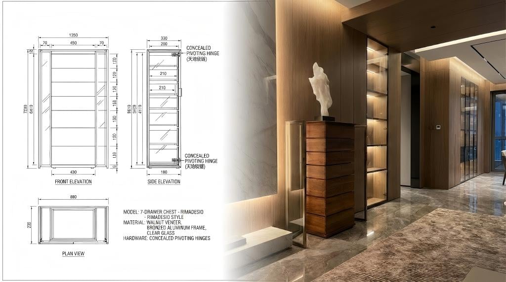 Design-development presentation for a custom seven-drawer glass display cabinet project