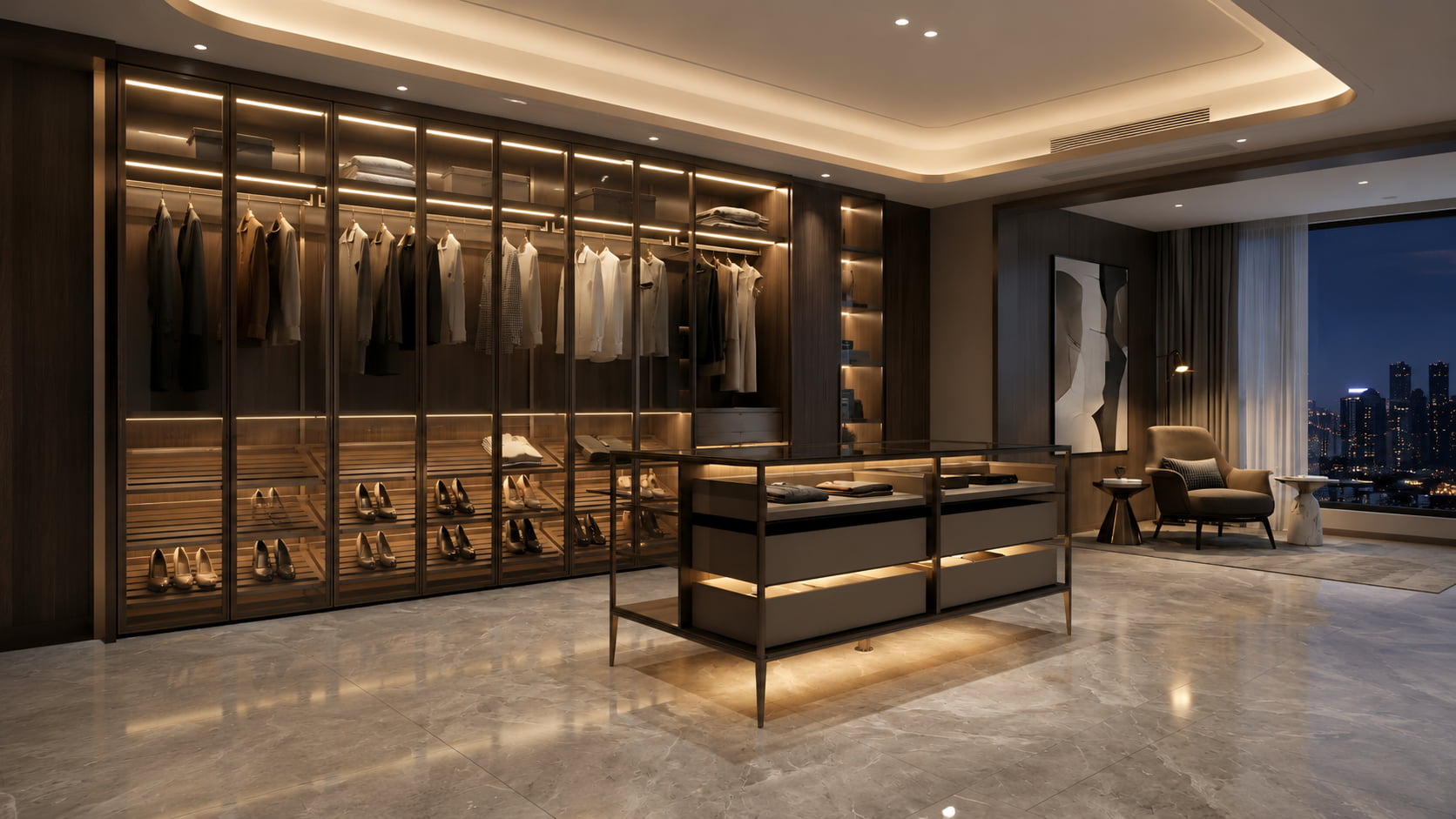 Full custom aluminum framed glass wardrobe system with illuminated storage and center island