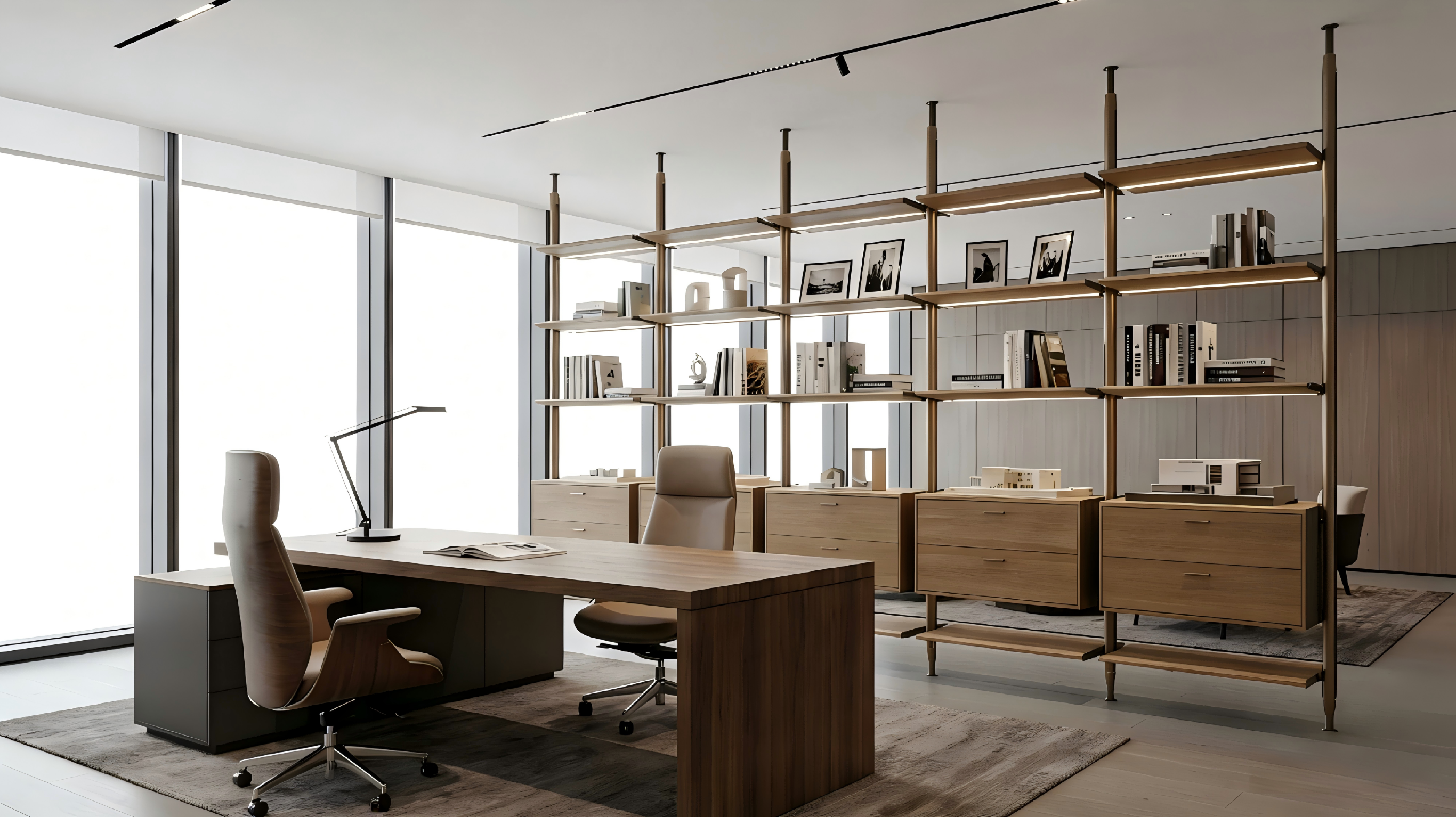 Modular bookshelf used as an illuminated executive office divider