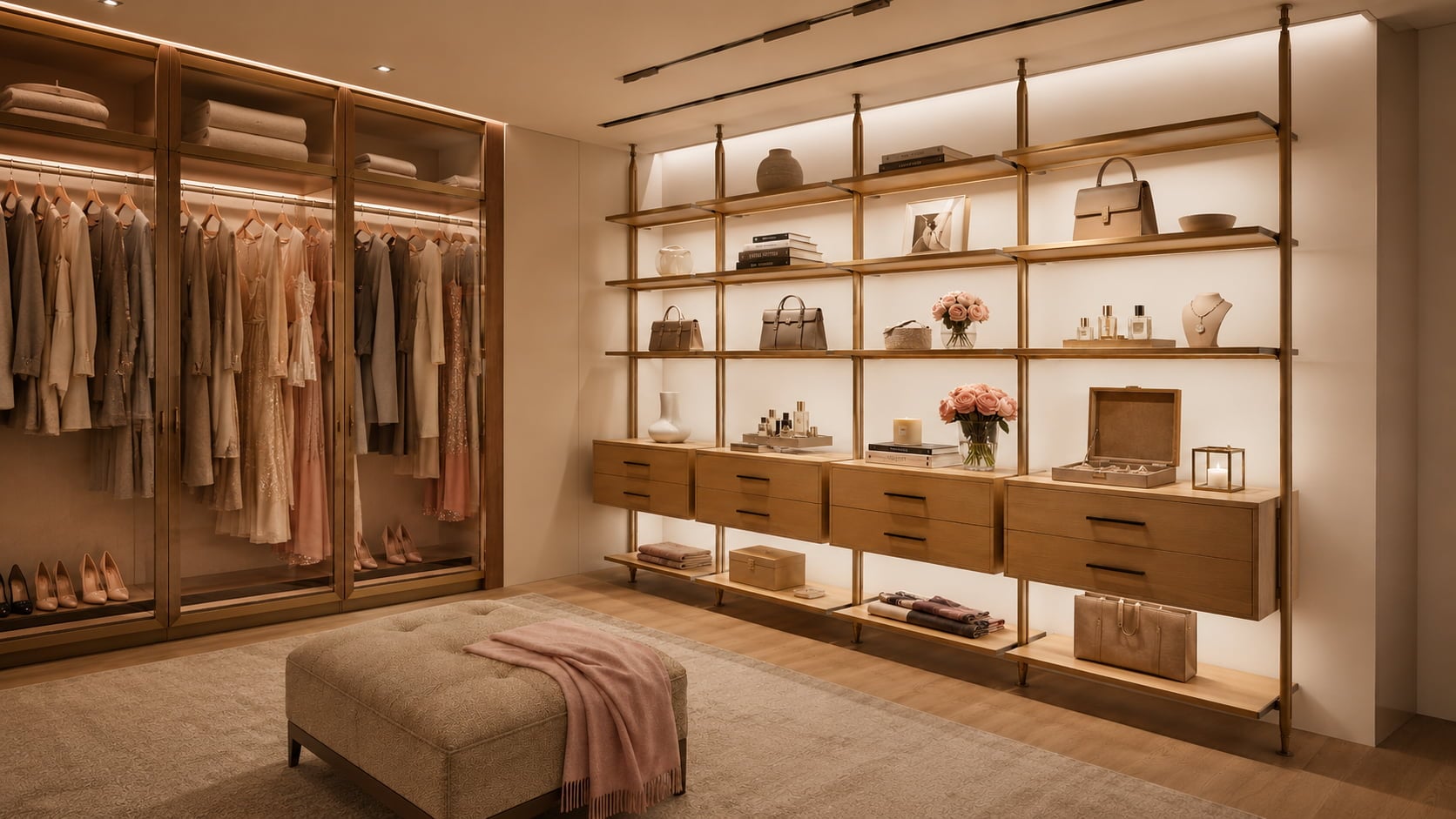 Modern modular aluminum bookshelf system with open shelves and drawer storage