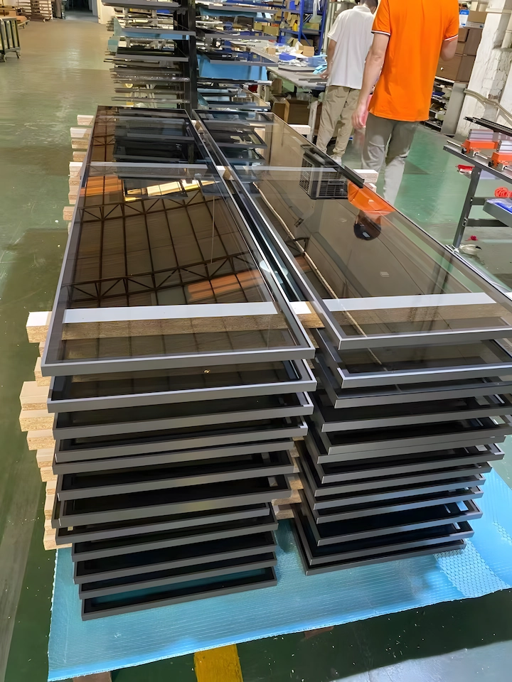 Batch of finished black aluminum-framed glass doors arranged in the workshop