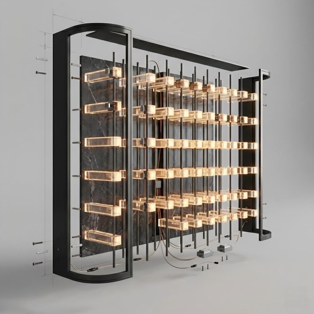 Exploded construction view of a wall-mounted acrylic wine bottle display system