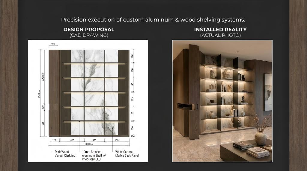 Design concept and finished-space presentation for an ultra-slim aluminum shelving wall