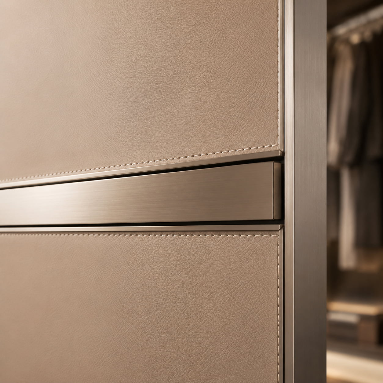 Leather door stitching metal trim and material junction detail