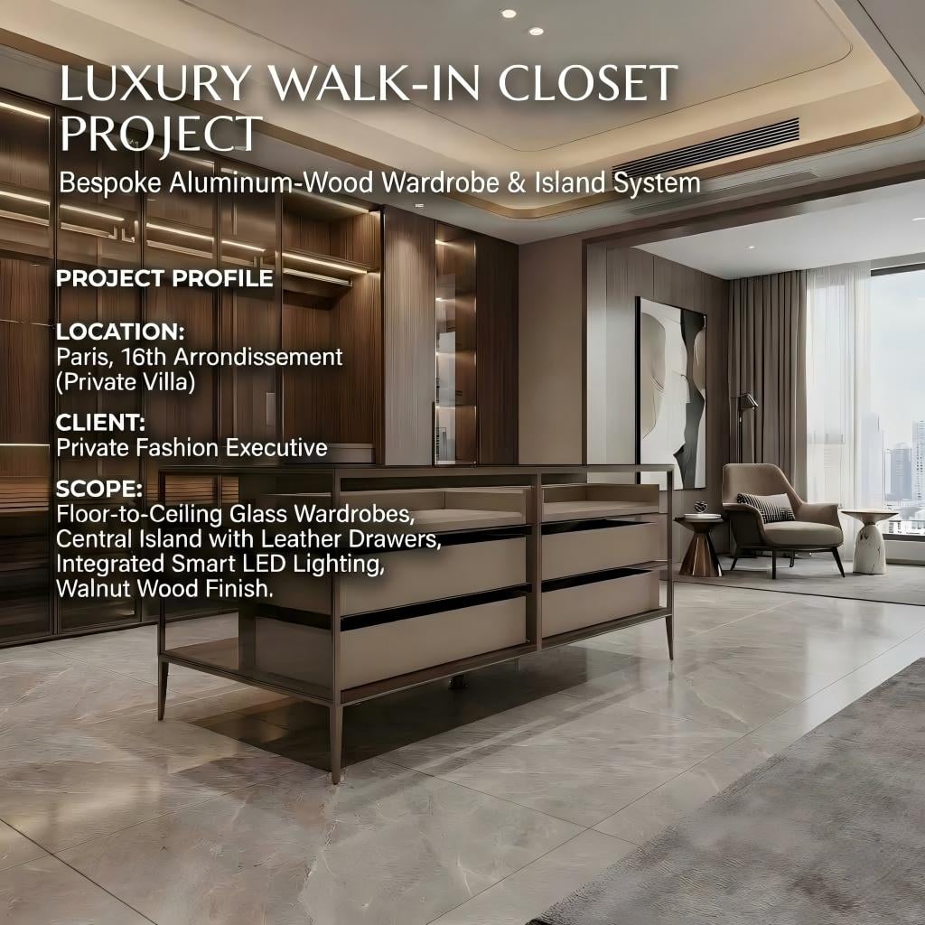 Custom Glass Walk-In Closet with Wardrobe Island