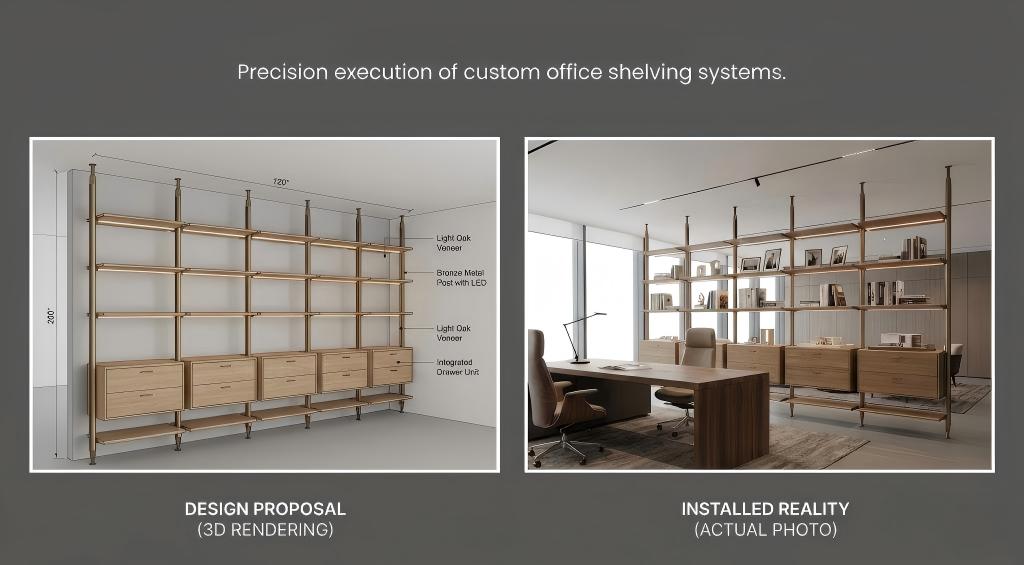 Custom modular shelving developed from project drawing to finished interior concept