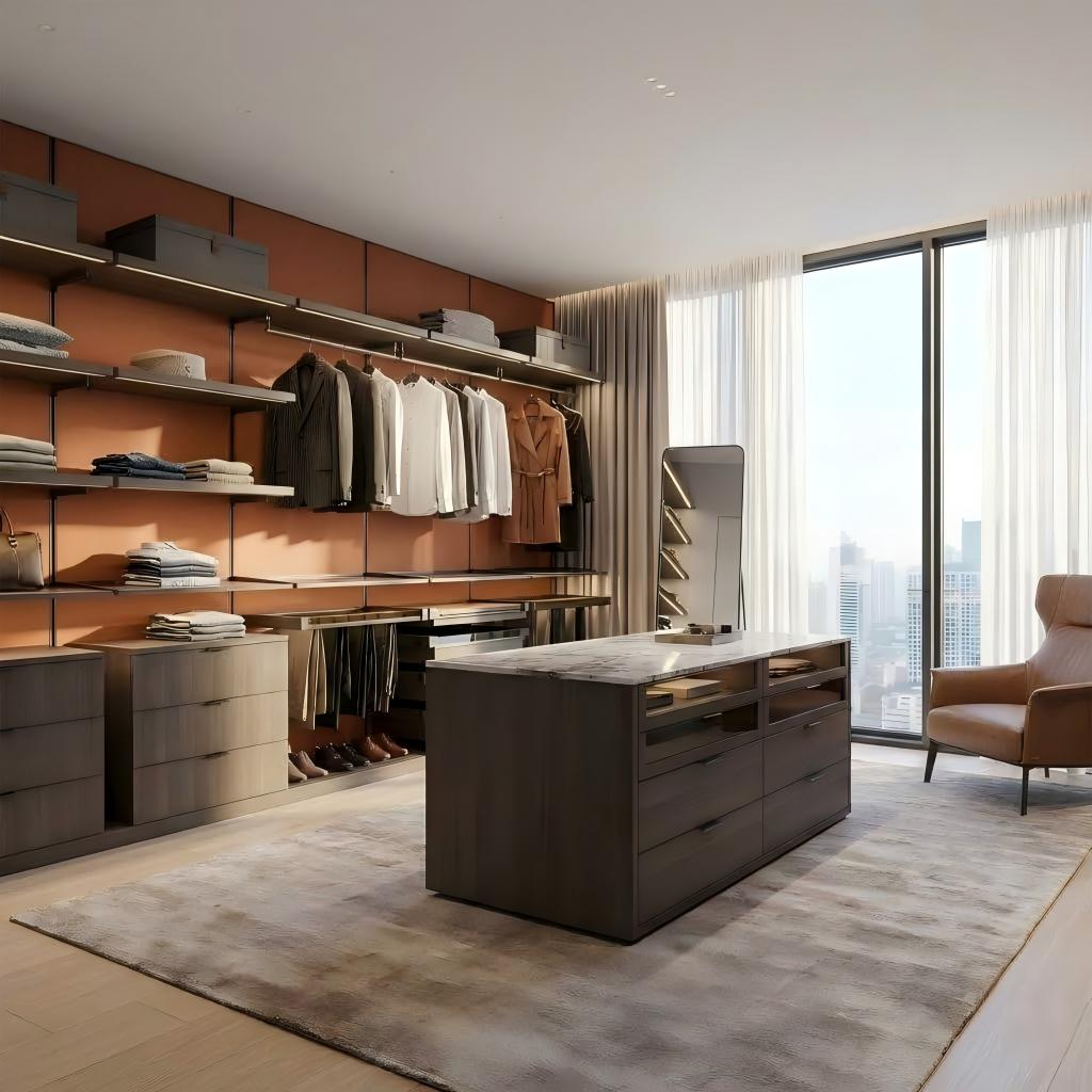 Custom modular aluminum walk-in closet with center island shown in natural daylight