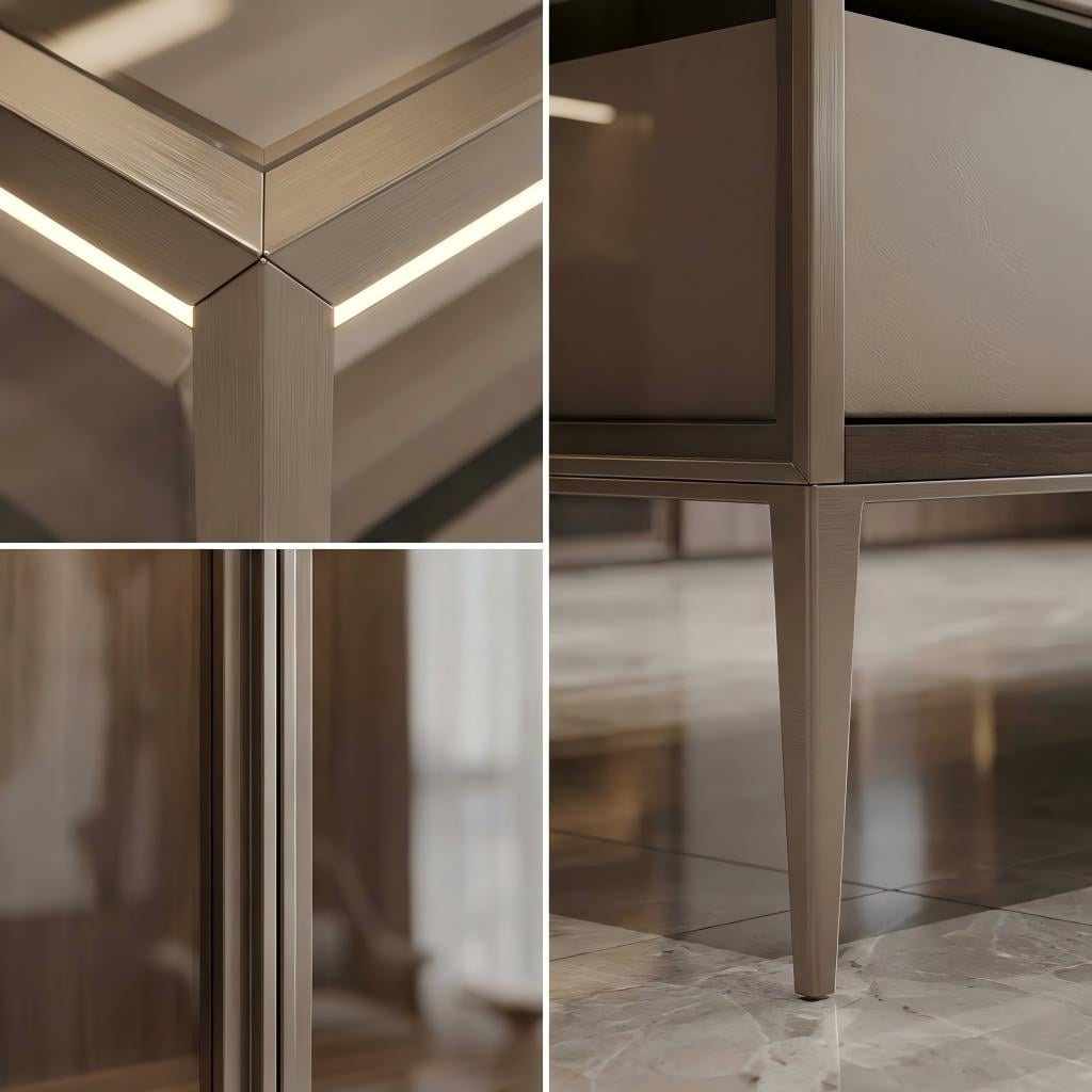 Champagne bronze aluminum mitered corners glass framing and tapered wardrobe island legs