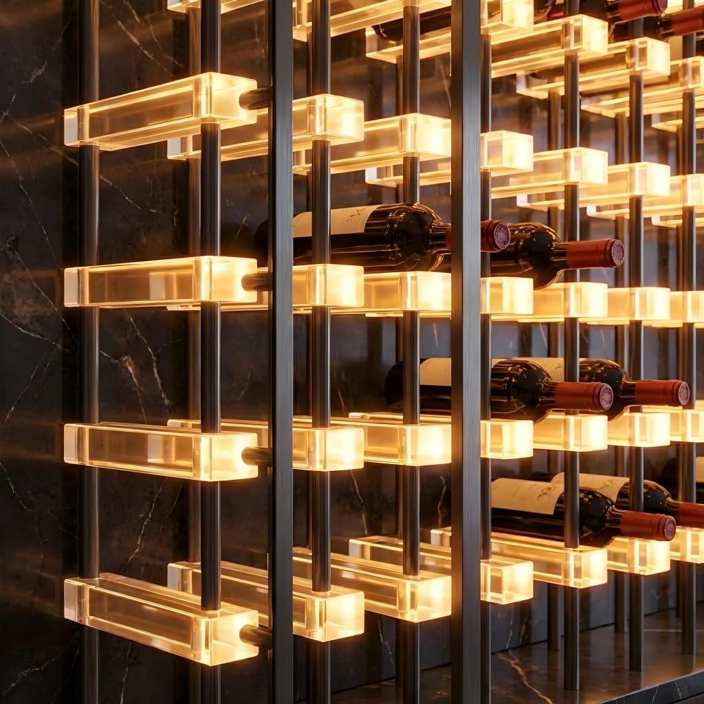 Close-up of illuminated acrylic wine bottle supports attached to vertical metal rods